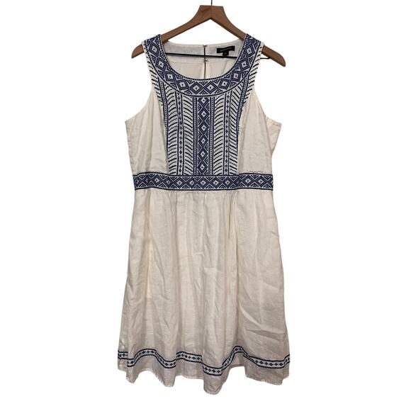 Lands End Womens White Blue Embroidered Fit and Flare Linen Dress Size 18 - Picture 1 of 8